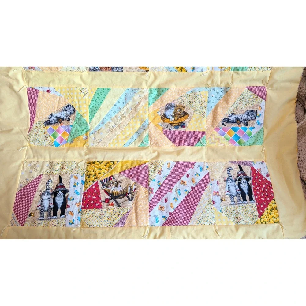 Handmade Kitten Quilted Baby Blanket Yellow Patchwork Cat Crib Quilt 37x40